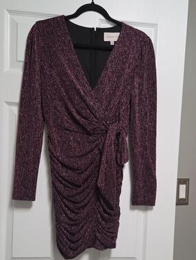 Adelyn Rae Purple Metallic Ruched Wrap-Front Long Sleeve Dress